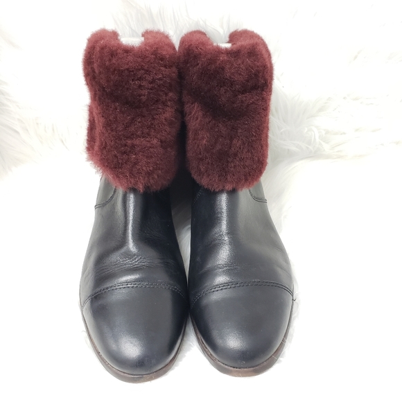 Ugg Inez Sherling Ankle Cuff Leather Boots in Black and Oxford Red Size 7 - Picture 3 of 14